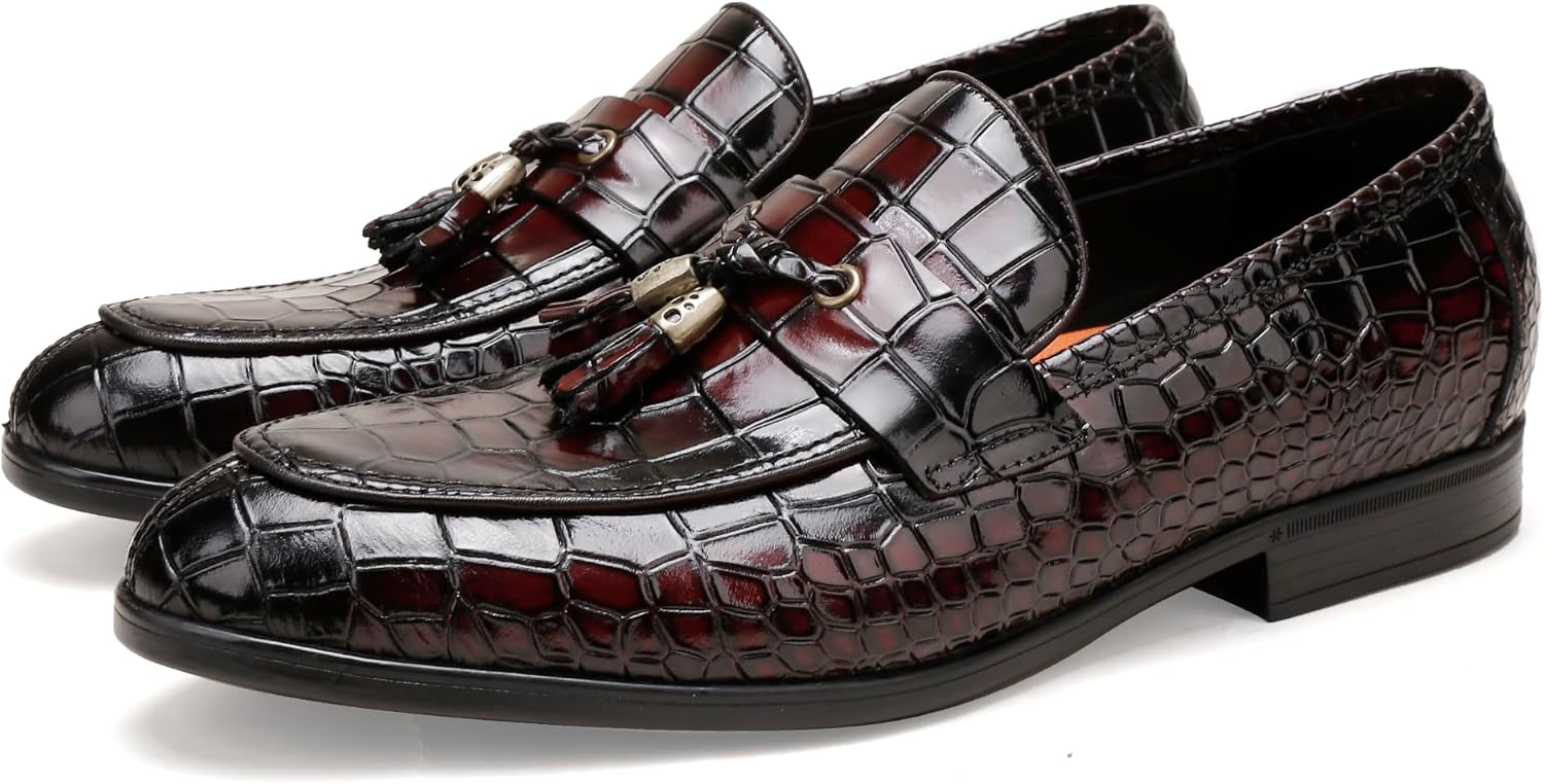 

Мужские кожаные лоферы с кисточками, классические туфли с тиснением под крокодила, деловые и праздничные лоферы для мужчин Generic, винный