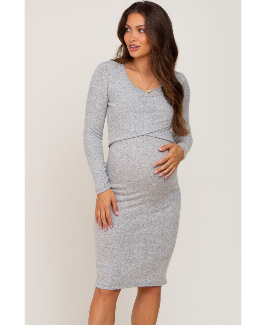 

Платье для беременных, серое меланжевое, из трикотажа с длинными рукавами и запахом, для кормления грудью Pinkblush, Heather grey