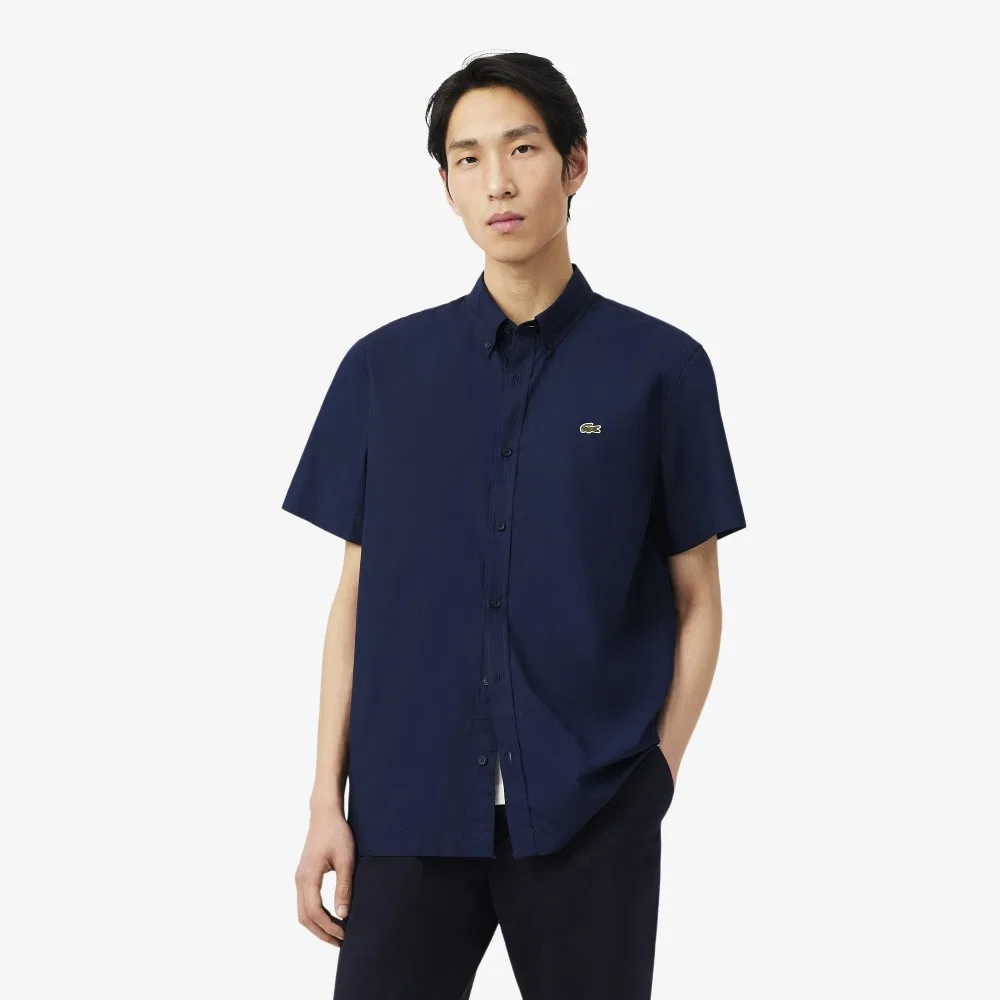 Мужская рубашка с коротким рукавом из лёгкого поплина, тёмно-синяя, от Lacoste