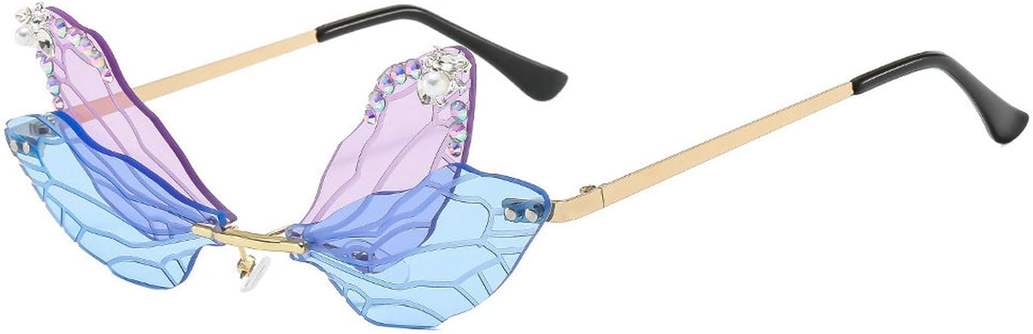 

Солнцезащитные очки COTIA Dragonfly Wing для женщин, без оправы, асимметричной формы, модные, с блестками и бриллиантами, для вечеринки, Хэллоуина, костюма, Purple Blue