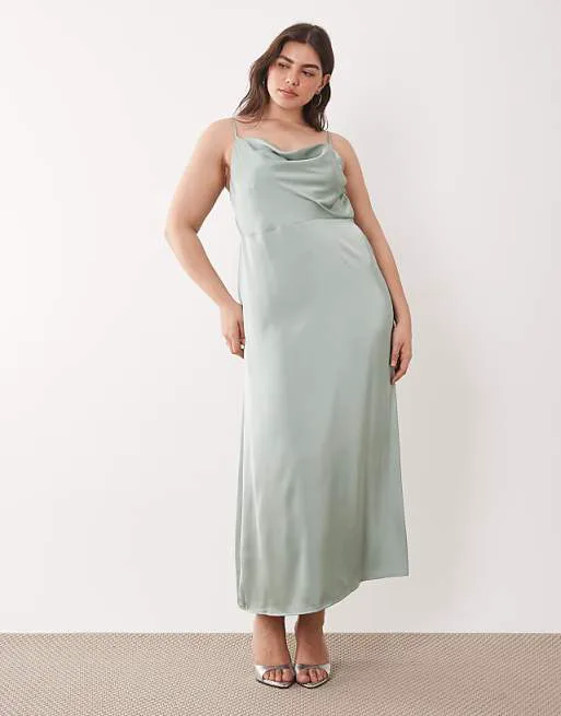 

Атласное платье макси на бретельках с воротником-хомутом Vila Curve зеленого цвета