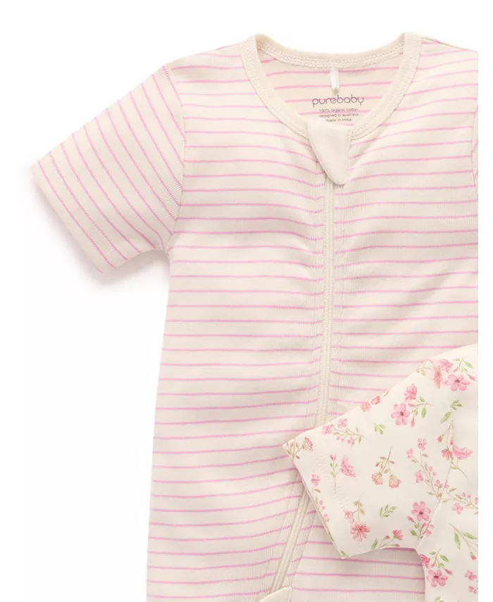 Детский комбинезон с короткими рукавами на молнии, 2 шт Purebaby, розовый — фото 2