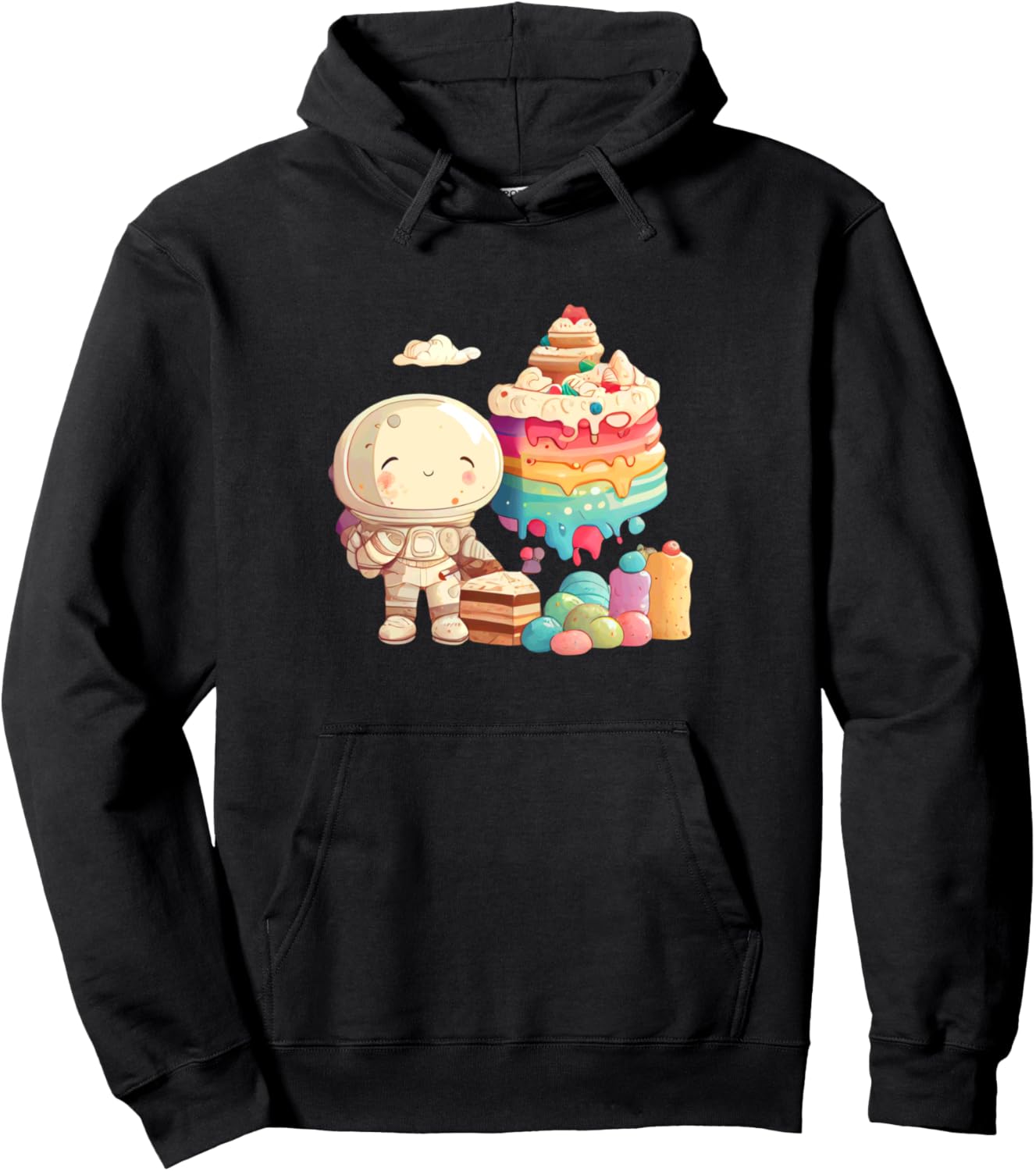

Худи «Астронавт: Сладкое путешествие, Радужный торт, Космос» Whimsical Astronaut Sweet Galaxy Dessert Land, черный