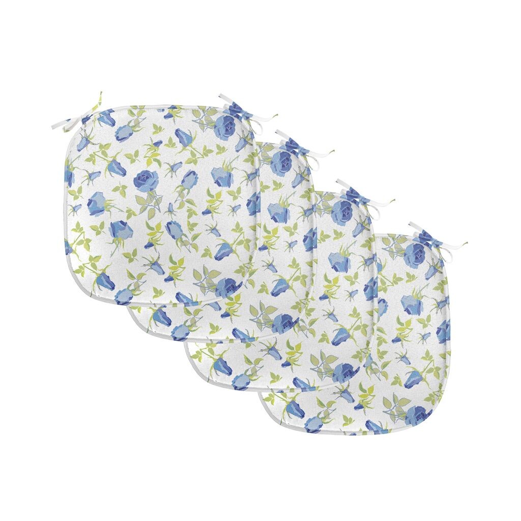 

ABAKUHAUS Подушки для обеденного стула с зелеными цветами, изысканные бутоны роз, декоративная водонепроницаемая подушка с ремнями для кухонных сидений, 40 см x 40 см — упаковка из 4 шт., синий, светло-зеленый, белый