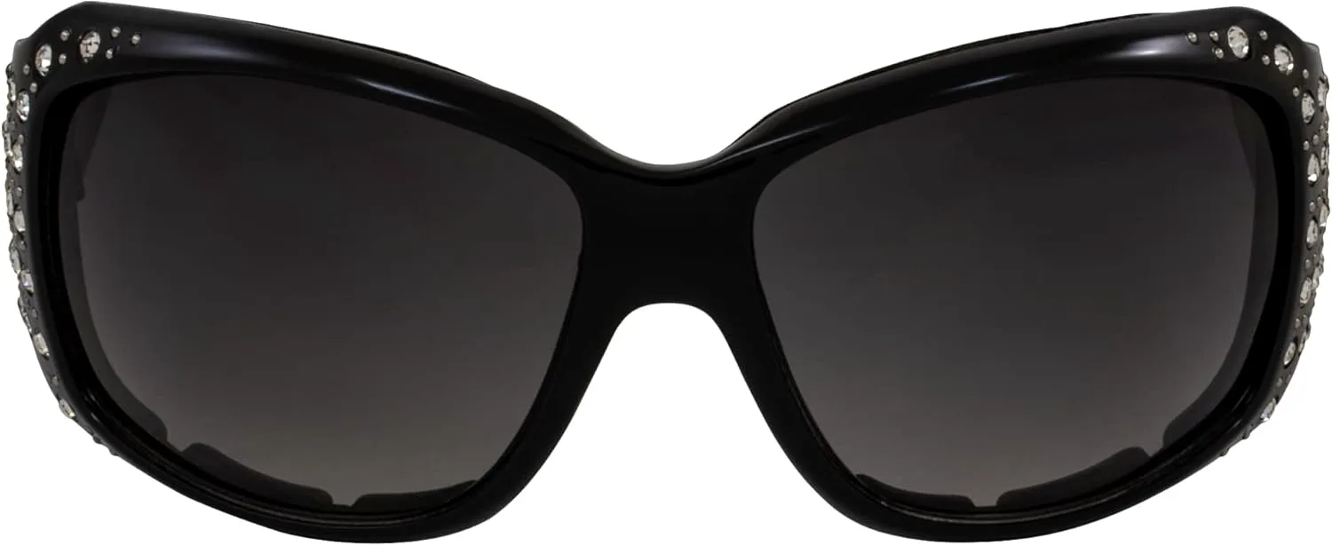 

Женские мотоциклетные солнцезащитные очки Rodeo Queen Lioness с мягкой подкладкой, черная оправа, блестящие стразы и линзы с дымчатым градиентом, Black-smoke