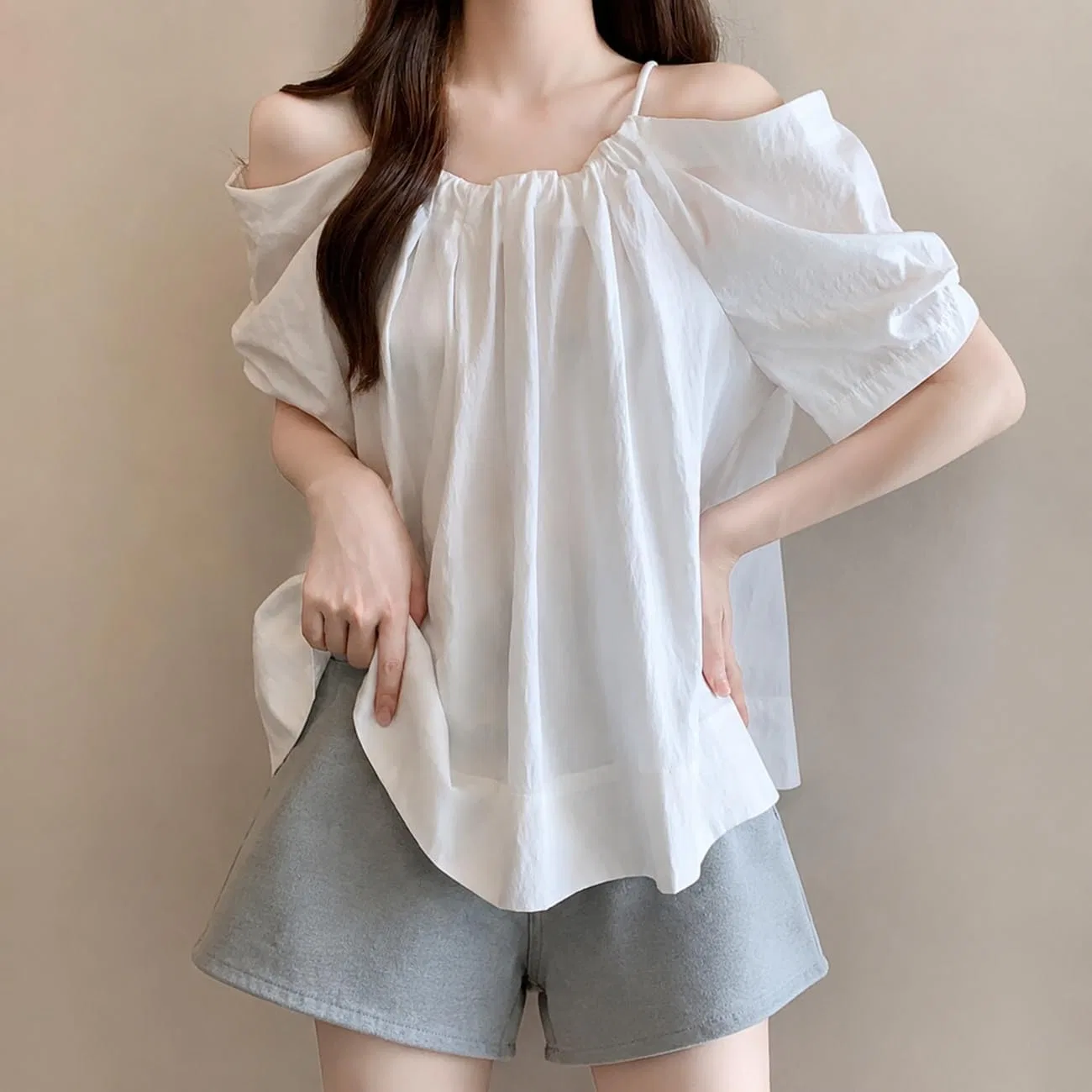 Блуза off-shoulder с бантом, полуприлегающая, голубой — фото 2