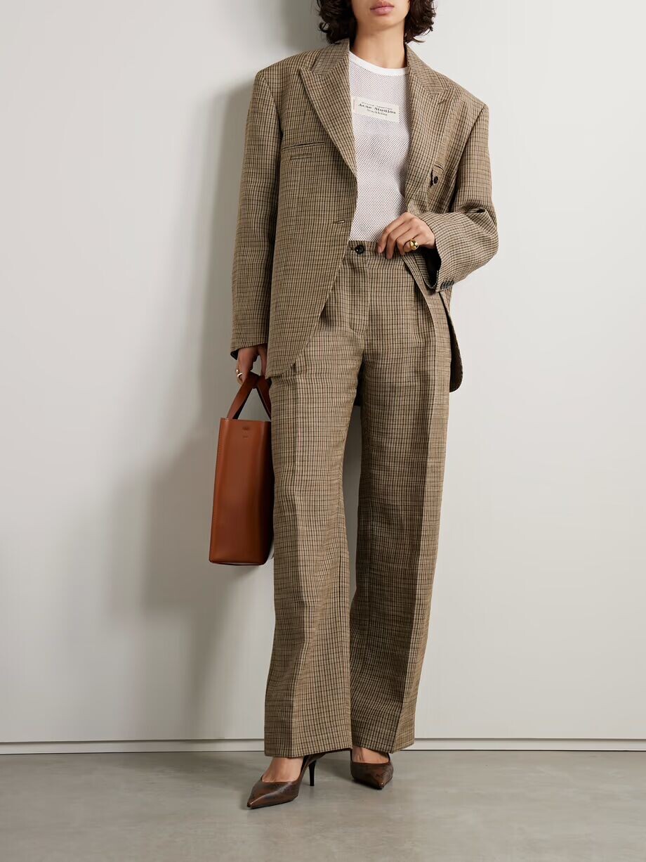 Широкие брюки из льняной ткани со складками в клетку Acne Studios, коричневый — фото 2
