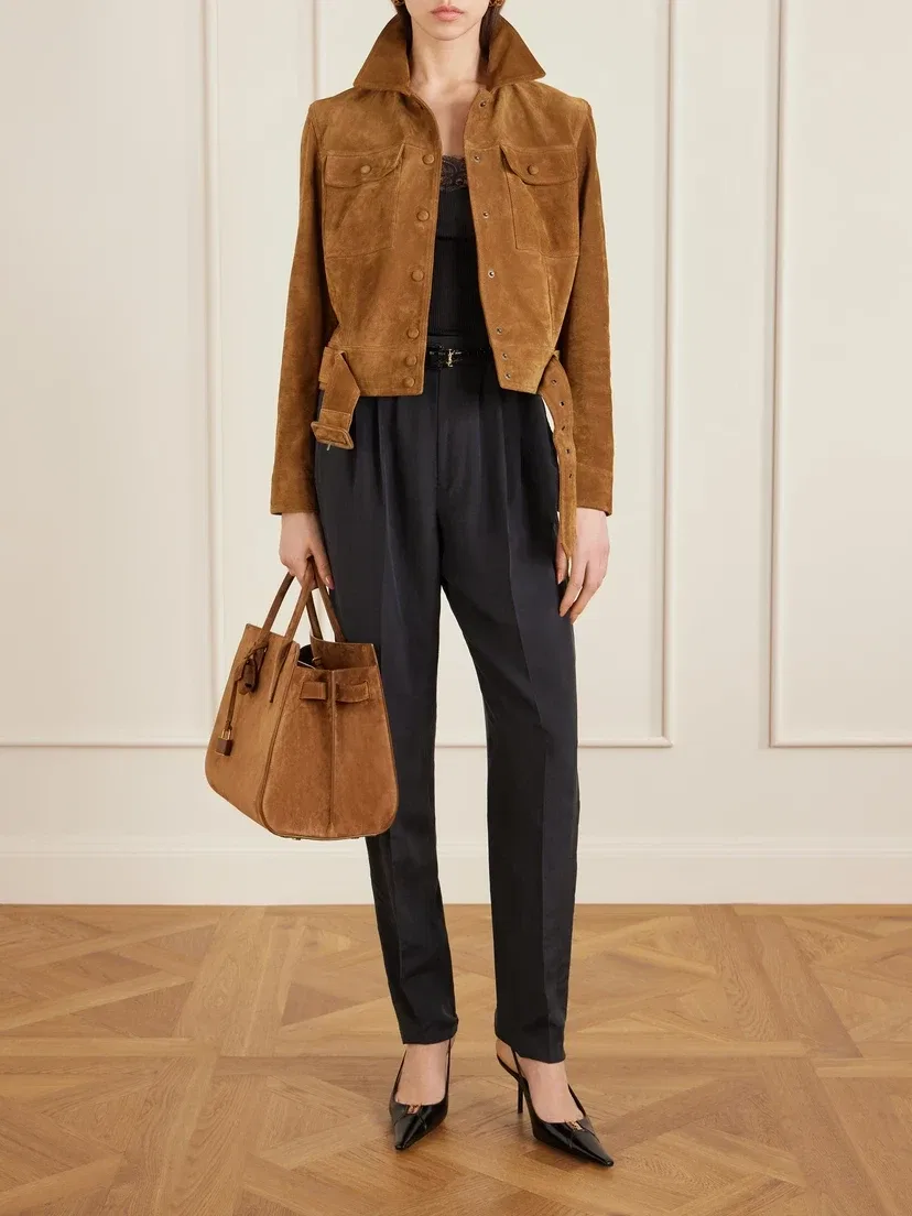 Укороченная замшевая куртка с поясом SAINT LAURENT, коричневый — фото 2