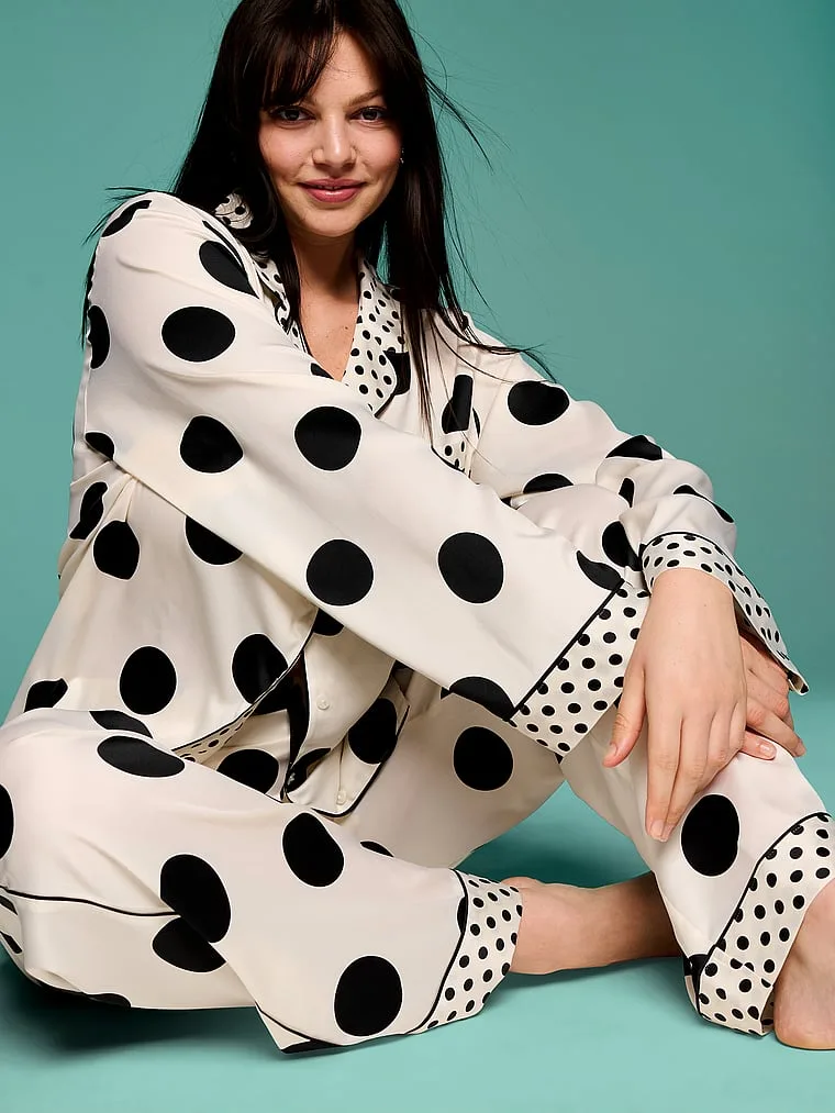 Фирменный атласный длинный пижамный комплект Victoria'S Secret, Signature Satin Tan & Black Dots — фото 3