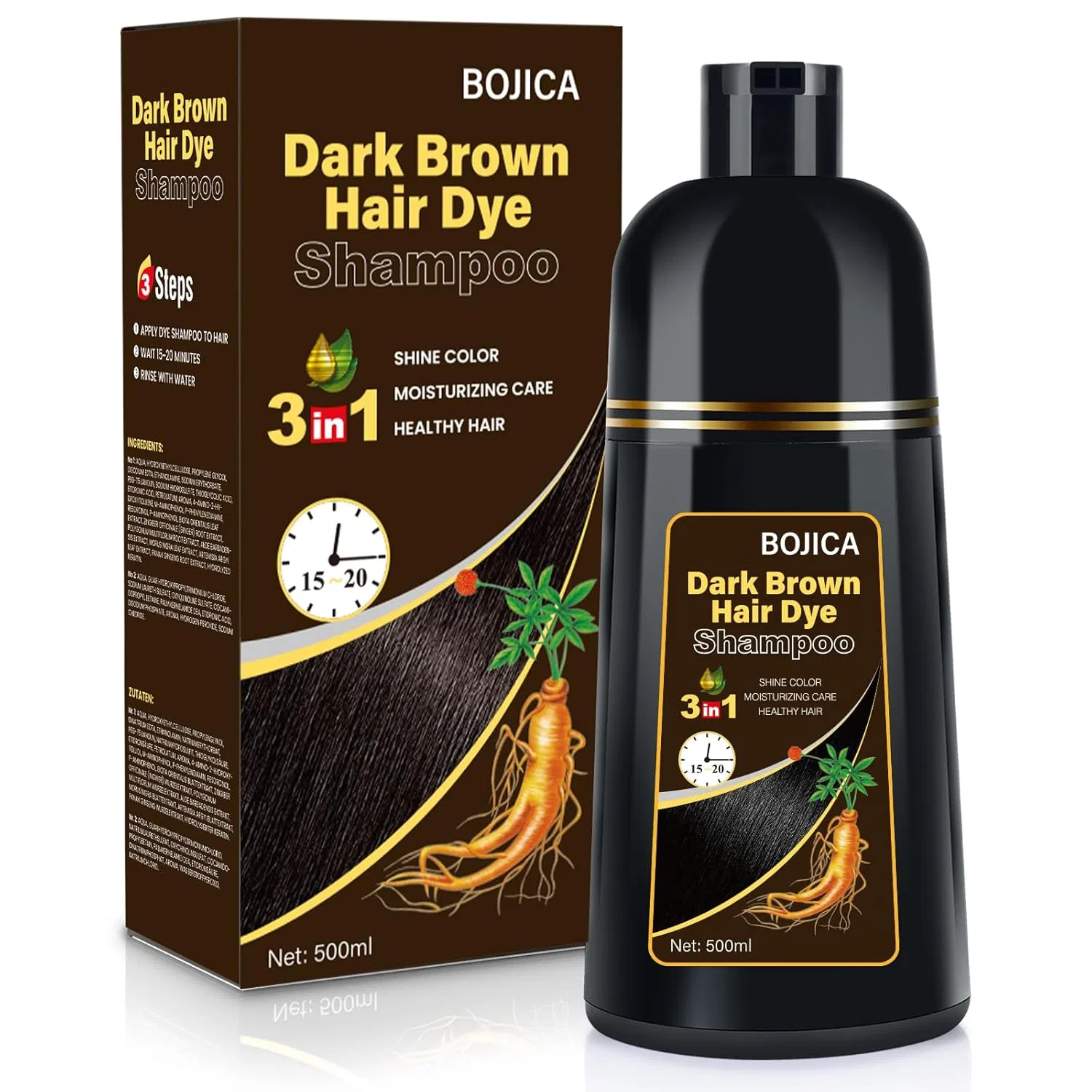 Шампунь-краска для волос 3-в-1 KAISASA темно-коричневый 500 мл Bojica, Dark Brown