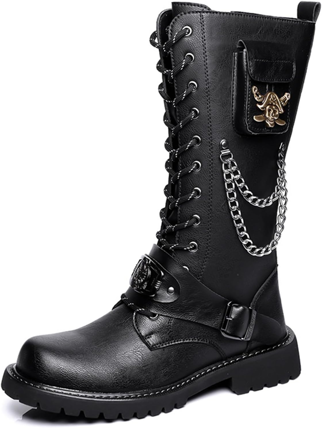 

Мужские мотоциклетные ботинки для велоспорта водонепроницаемые байкерские сапоги панк-рок с металлической цепью ковбойские западные тактические армейские ботинки Abborora, черный