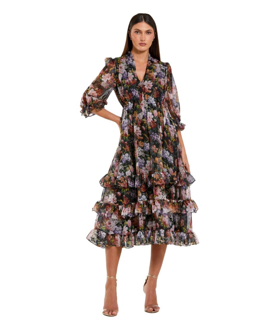 

Женское шифоновое платье миди А-силуэта с рукавами 3/4 и оборками Mac Duggal, Black multi