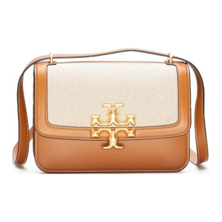 

TORY BURCH Кожаная холщовая сумка через плечо Eleanor Cow коричневая и бежевая