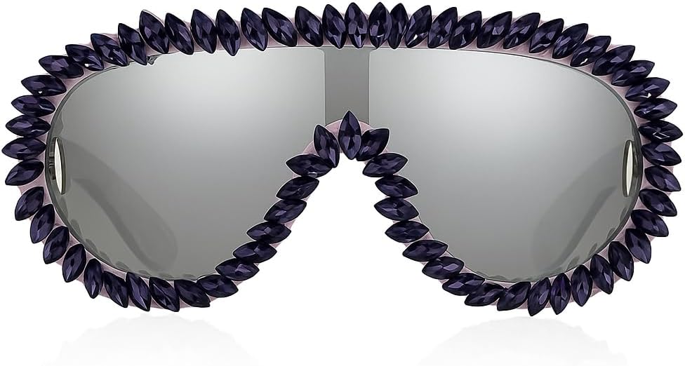 

bullabulling Модные солнцезащитные очки с маской Fashion Wave и стразами для женщин и мужчин, большие серебристые зеркальные футуристические солнцезащитные очки-щит, Purple