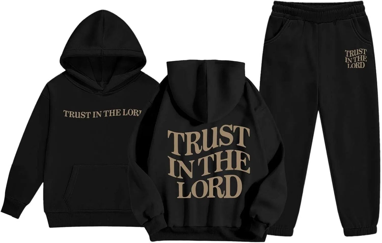 Детский спортивный костюм с принтом Trust in The Lord Jesus, худи и джоггеры, Black, размеры 2-13 лет — фото 4