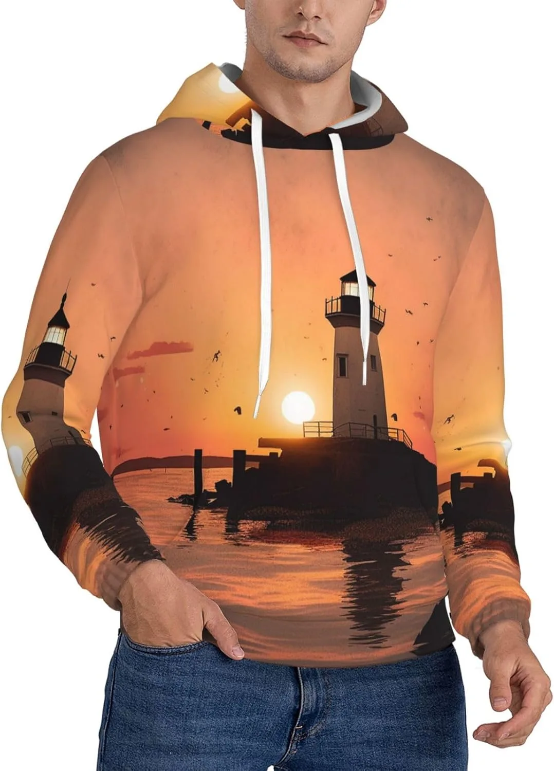 

Мужской пуловер-худи Lighthouse Sunrise с карманом SDTYKHJ