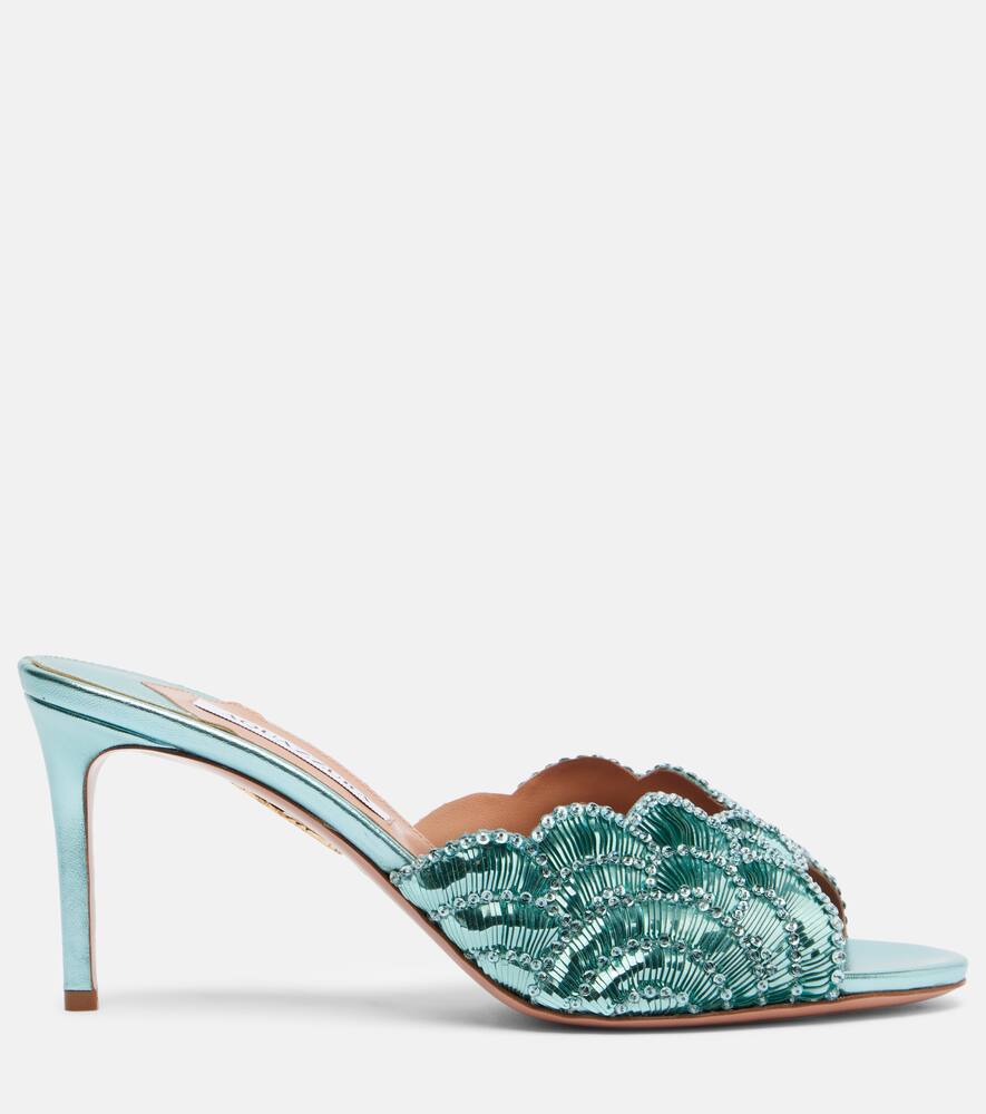 Вечерние блестящие мюли Ce Soir 75 из металлизированной кожи Aquazzura, Light Teal — фото 4