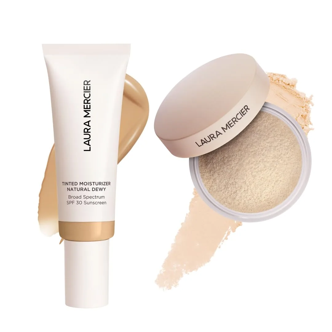 Laura Mercier тонирующий увлажняющий крем Natural Dewy с SPF 30, 24-часовая гидратация, оттенок 2W Citrine и рассыпчатая пудра Translucent Loose Talc-Free Setting Powder Ultra-Blur с гиалуроновой кислотой, оттенок Translucent