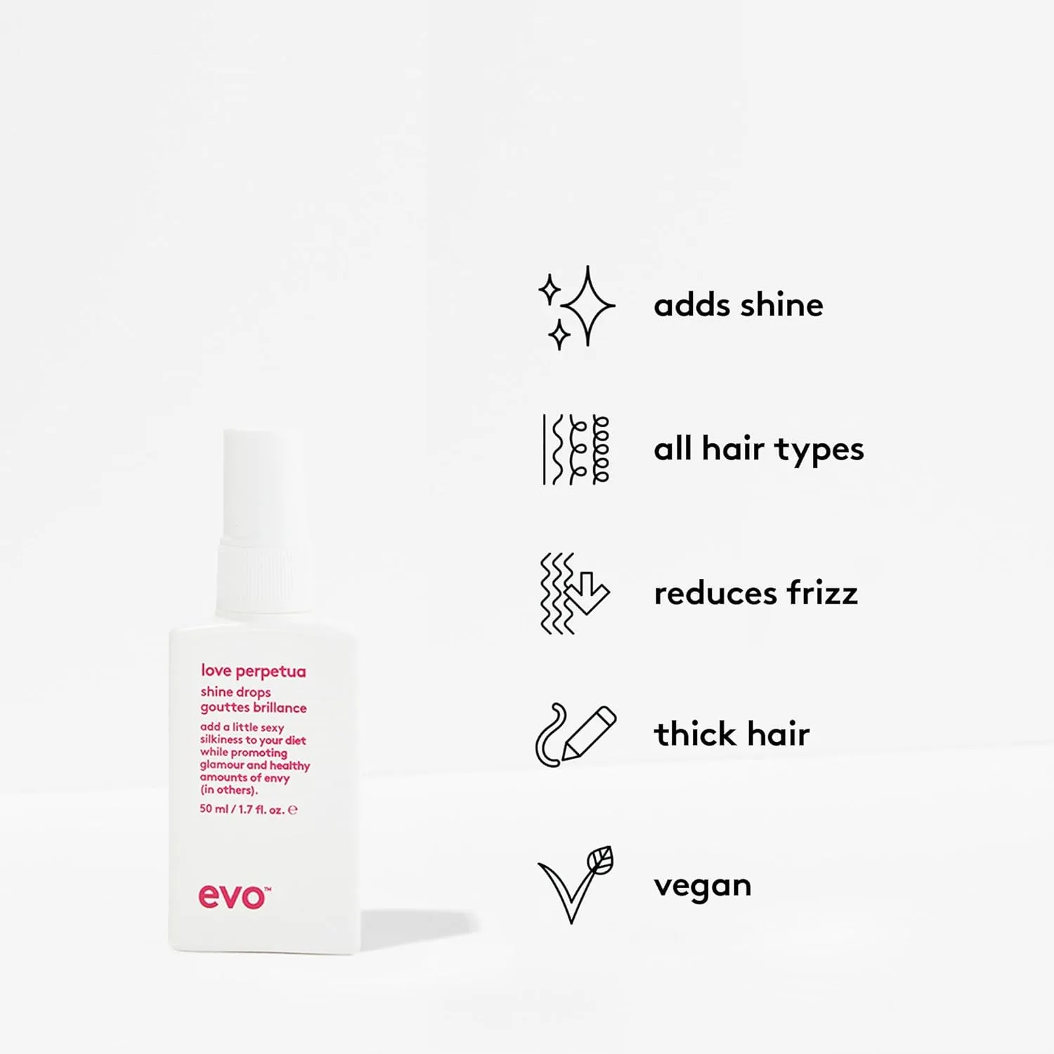 EVO Love Perpetua Shine Drops, разглаживающая сыворотка против пушистости для густых и жестких волос - запечатывает кутикулу, смягчает и полирует - 1,7 жидких унций — фото 2