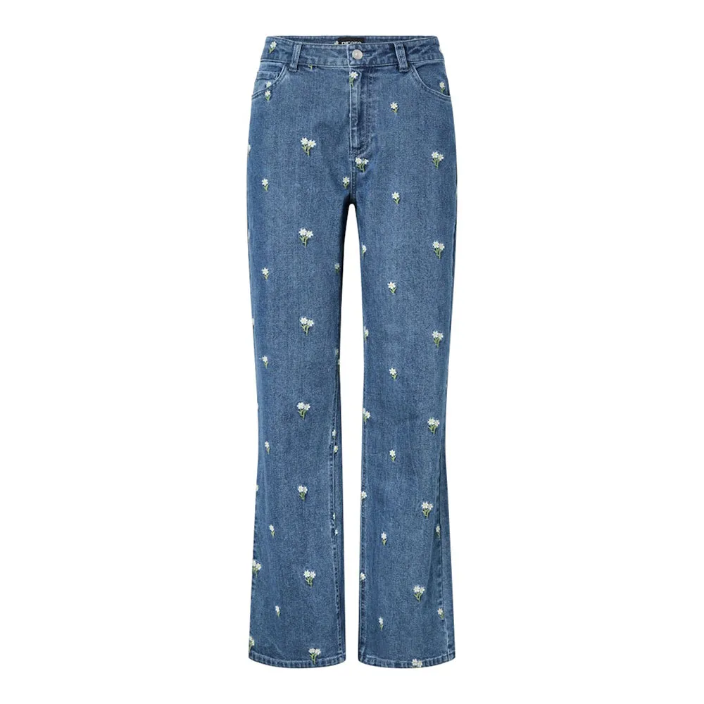 

Джинсы Pieces Flora Straight Emb с высокой талией, синий