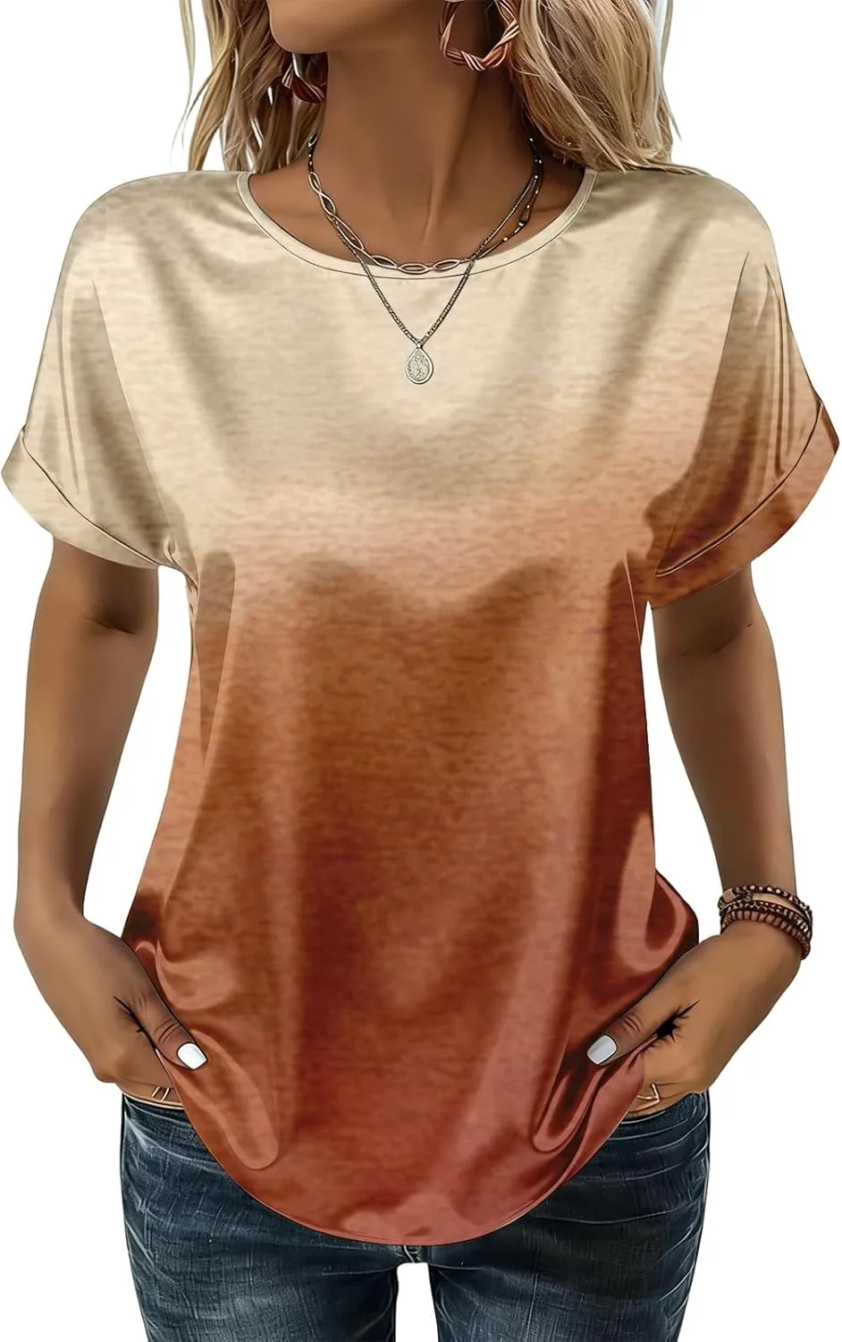 

Женская блузка с коротким рукавом и круглым вырезом