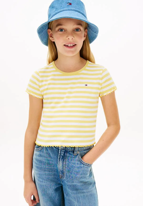 Базовая облегающая футболка с рюшами и ребристым принтом. Tommy Hilfiger, Yellow Dahlia