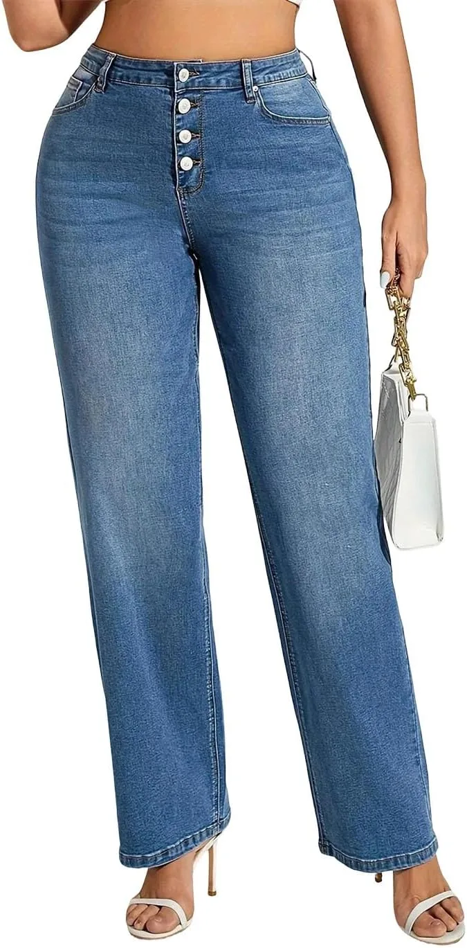 

Женские джинсы Plus Size с высокой талией и широкими штанинами