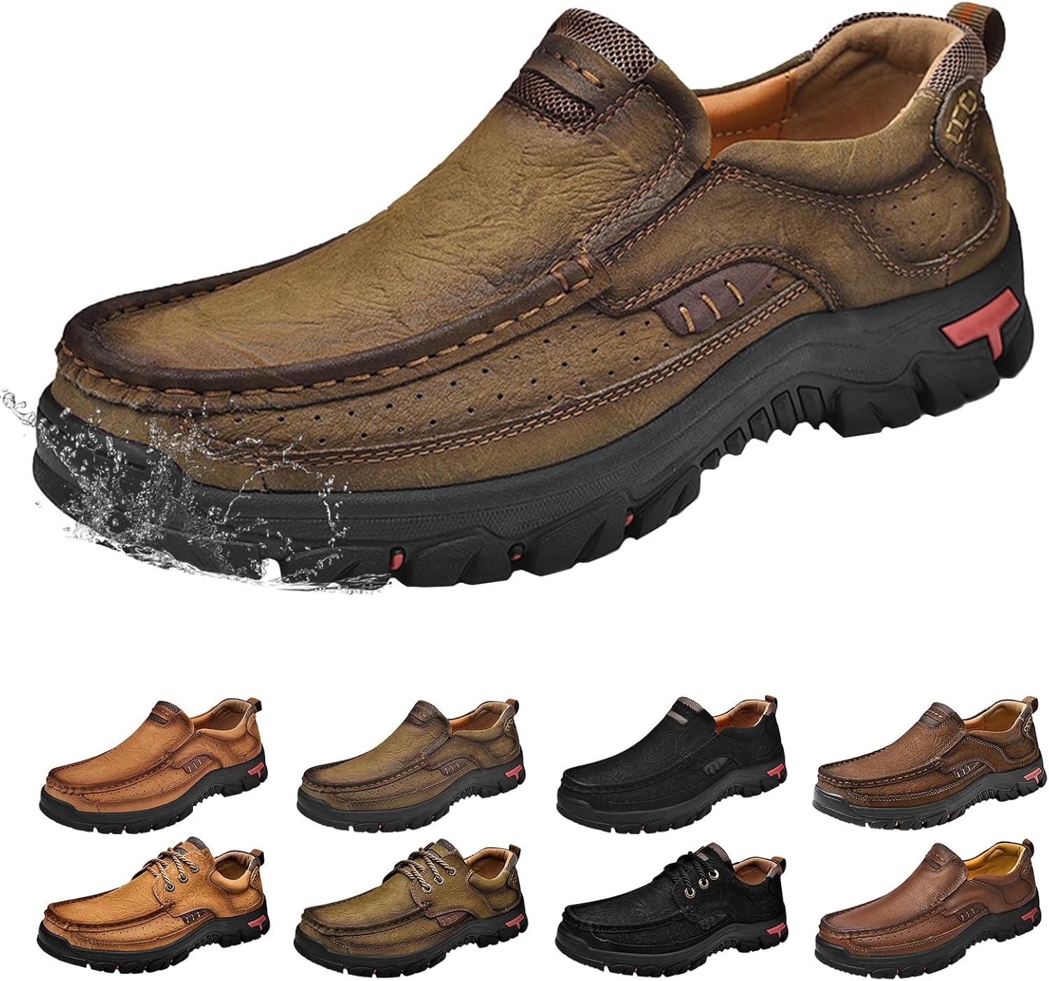 

Мужские кожаные повседневные лоферы без шнурков, дышащие обувь, нескользящие водонепроницаемые кроссовки, очень широкие удобные туфли для ходьбы для мужчин Generic, хаки