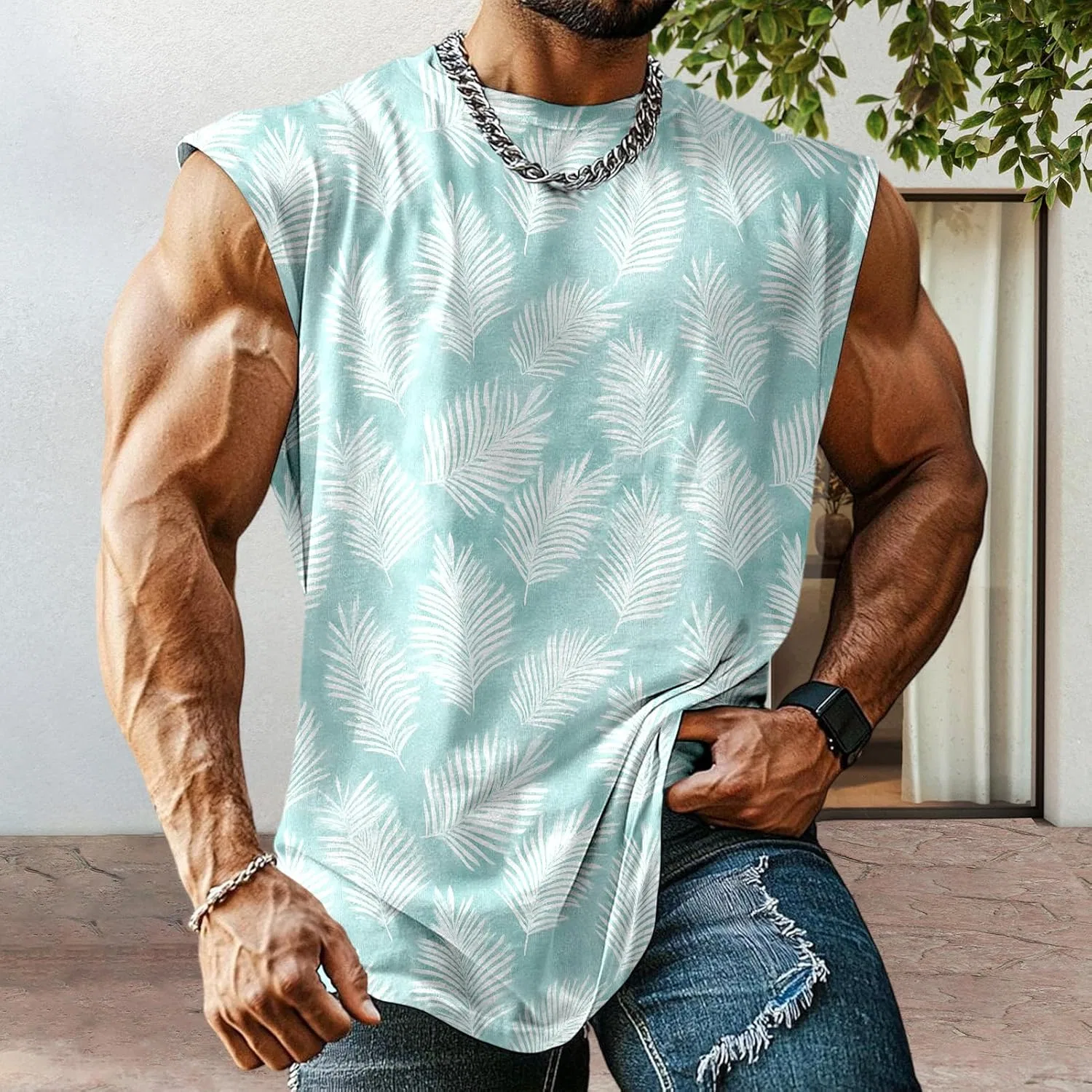 Мужской топ-безрукавка с тропическим принтом, листья, Composition: 95% polyester, 5% spandex, B Narrow Leaves — фото 4