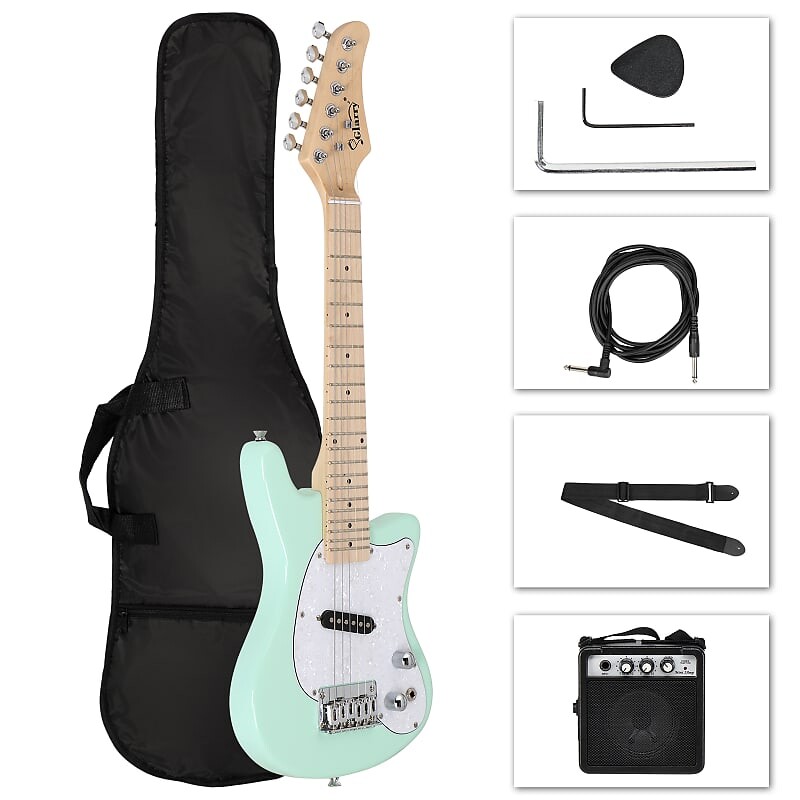 

Электрогитара Glarry 30in Maple Fingerboard Mini Electric Guitar Kit with 5W Amplifier Bag String Shoulder Strap Plectrum Cord Wrench Tool 2020s - Light Green