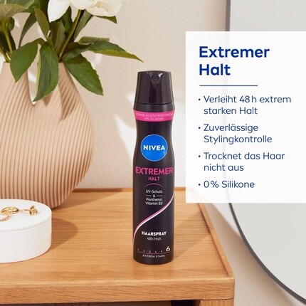 Спрей для волос NIVEA Extreme Hold 250 мл с УФ-защитой, пантенолом и витамином B3, сильная фиксация на 48 часов — фото 2