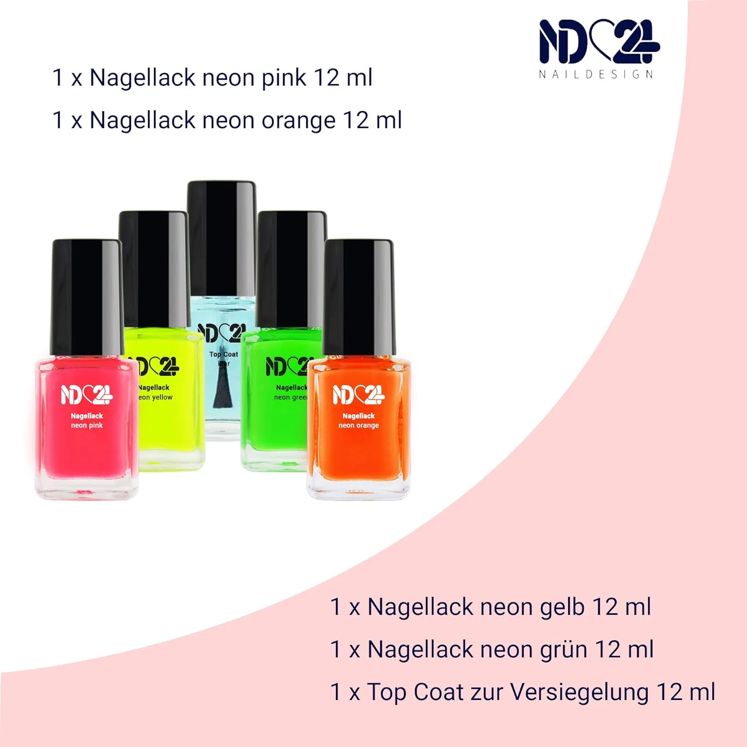 Набор неоновых лаков для ногтей 4 цвета с верхним покрытием Nd24 Naildesign — фото 2