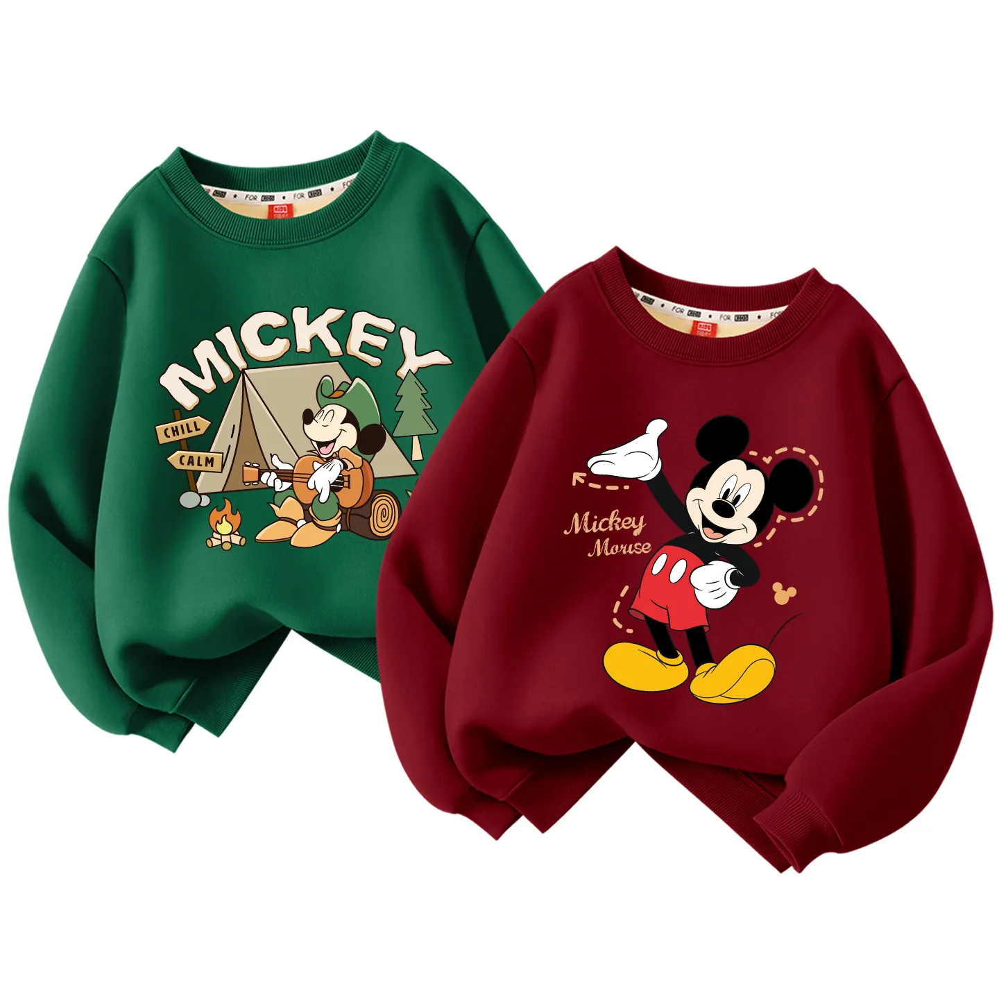 Детский свитшот с круглым вырезом утепленный Disney, [Thickened and Fleece-Lined]Wild Adventure Vintage Green+Handheld Wine Red
