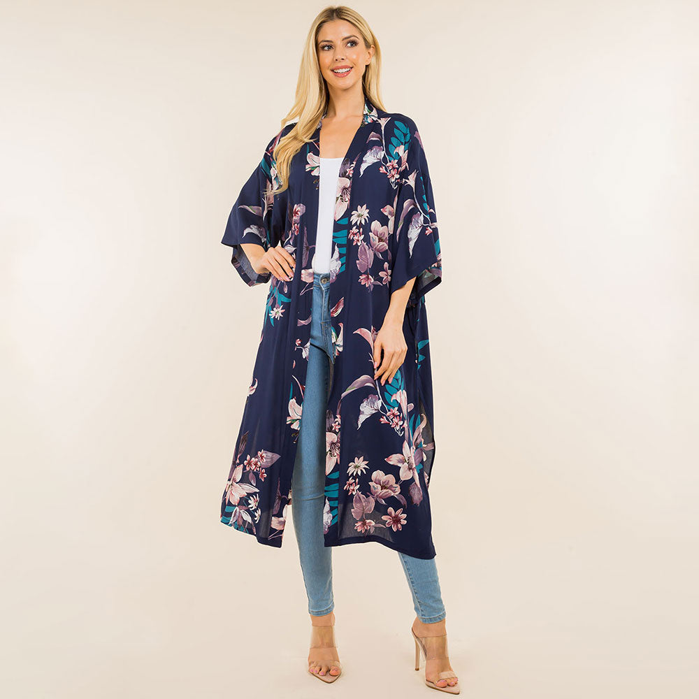 

Цветочный длинный кимоно пончо TRUEDAMES, темно-синий