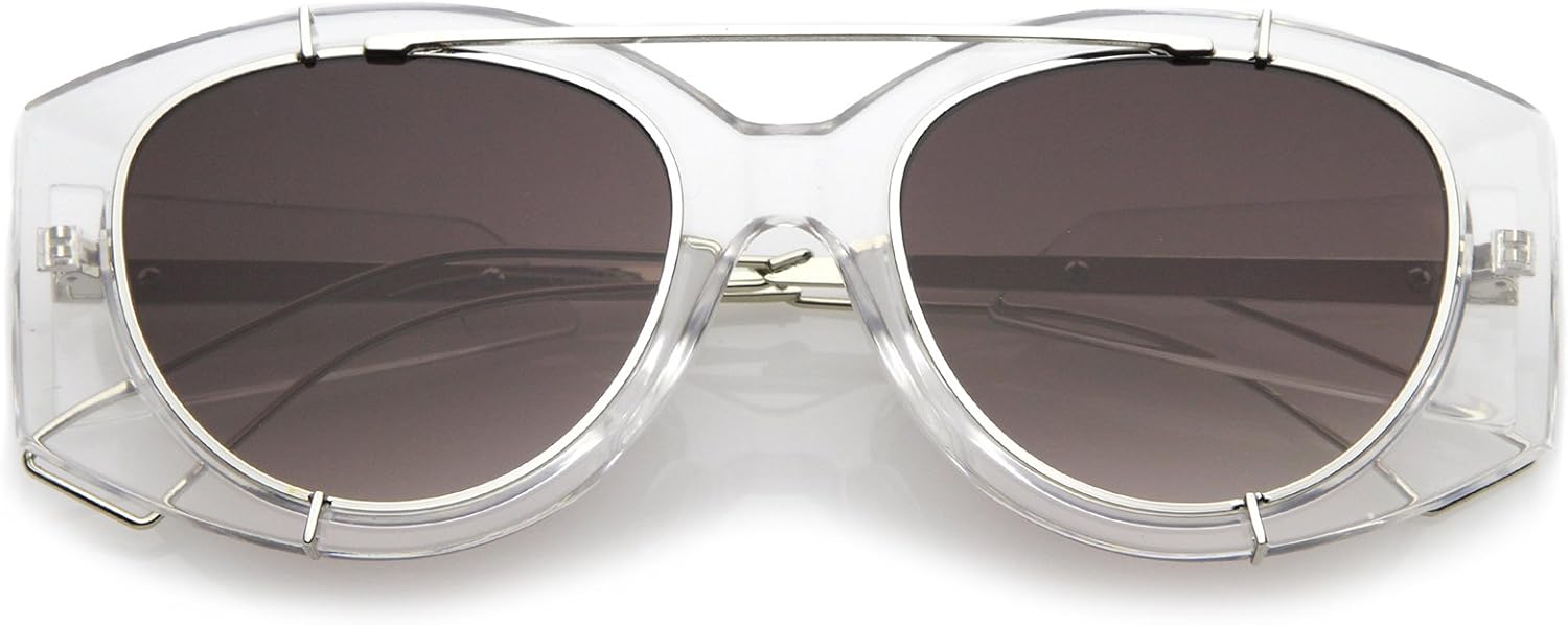 

zeroUV - Футуристические солнцезащитные очки большого размера 53 мм с полупрозрачными металлическими дужками и перекладиной, круглыми плоскими линзами, Clear Silver / Lavender