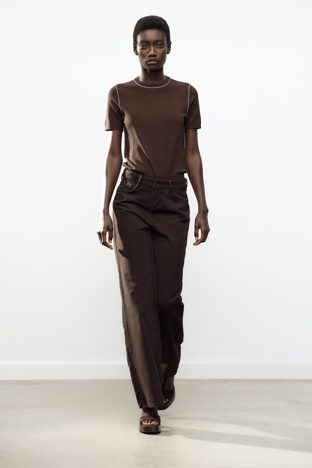 

Вязаный топ с коротким рукавом и кантом ZARA, коричневый