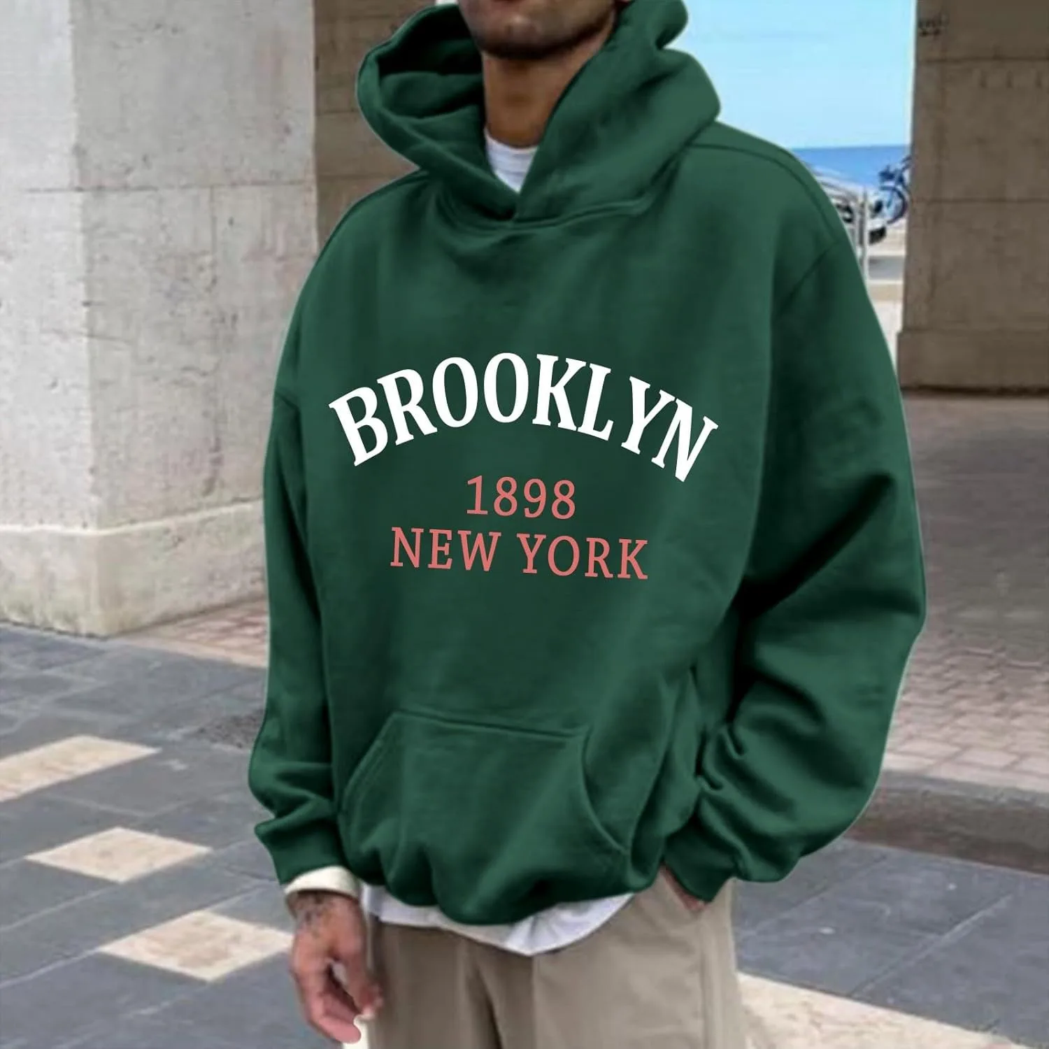 Мужские худи и толстовки Brooklyn 1989 New York, однотонные, с надписями, повседневные, с капюшоном, удобные, мягкие, однотонные Generic, зеленый — фото 2