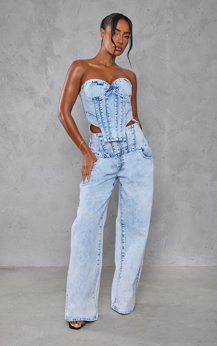 

PrettyLittleThing Голубые джинсы с корсетной талией и швами с кислотной потертой отделкой