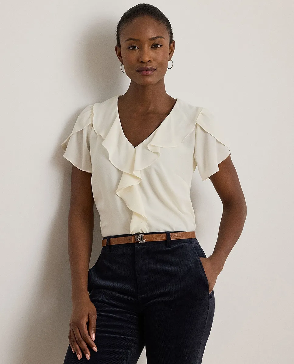 

Женская блузка с короткими рукавами и воланами Lauren Ralph Lauren, светло-бежевый