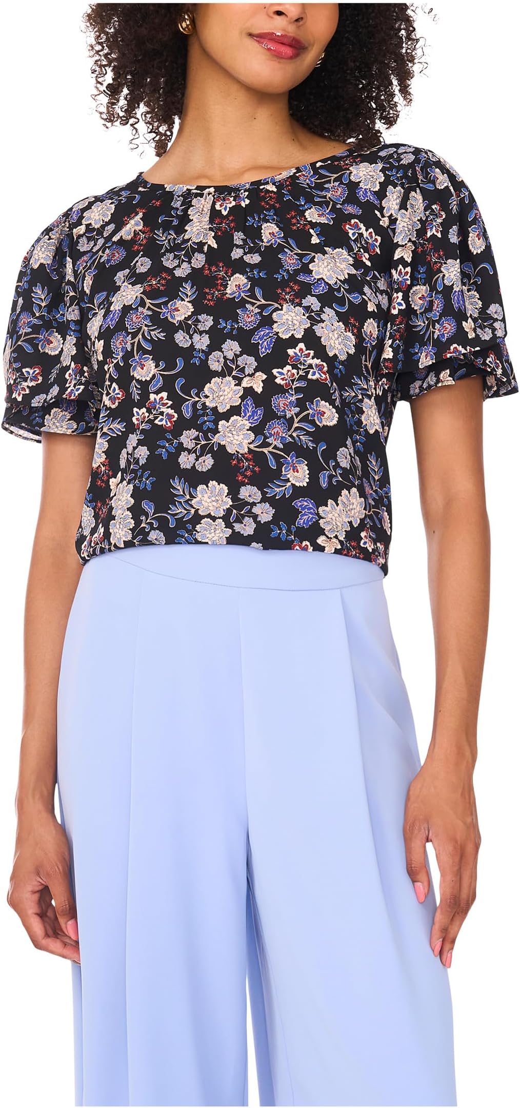 

Женский топ с круглым вырезом, присборенный, с рукавами-тюльпанами Vince Camuto, French Blue