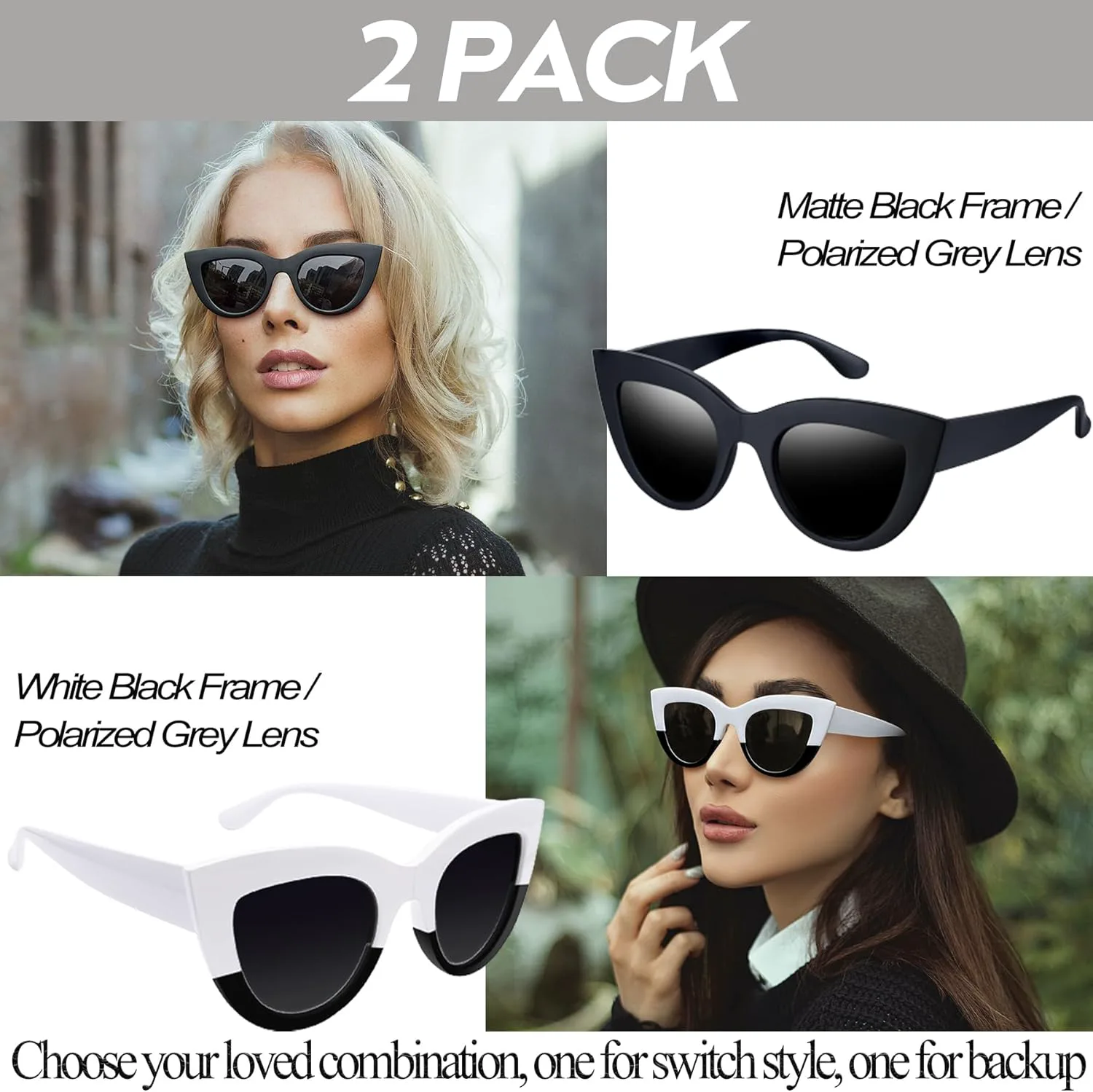 

Женские поляризованные солнцезащитные очки Joopin «Кошачий глаз» в винтажном стиле с защитой от УФ-излучения UV400, C04-2 Pack (Matte Black + White Black)