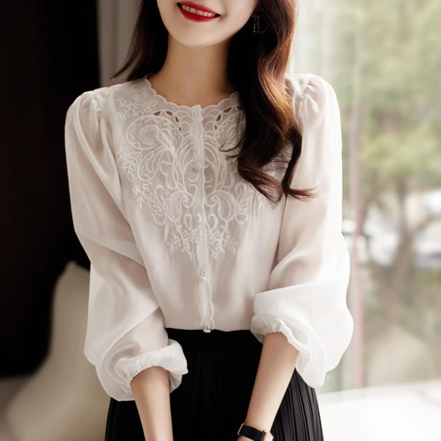 Футболка с длинным рукавом, свободная, Gorgeous Embroidery, белый — фото 3