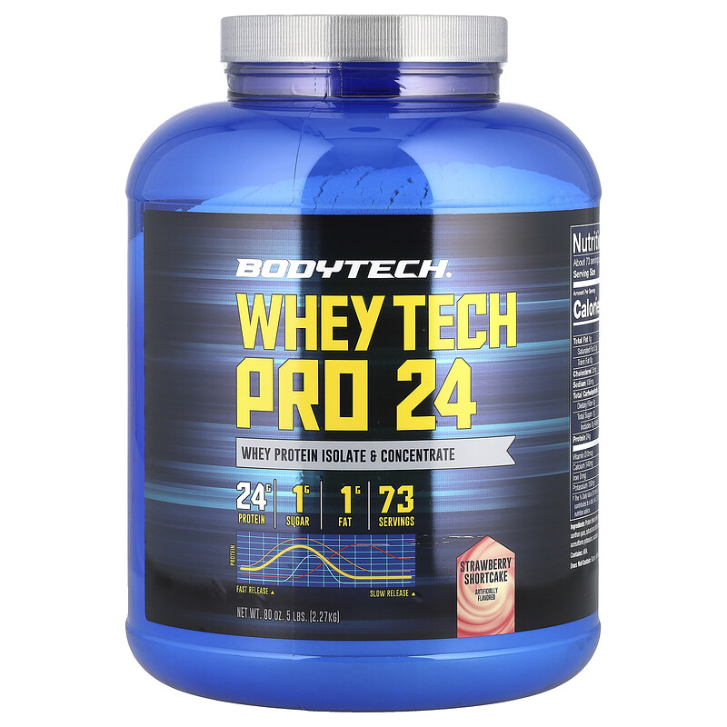 

BodyTech, Whey Tech Pro 24, клубничное песочное печенье, 2,27 кг (5 фунтов)