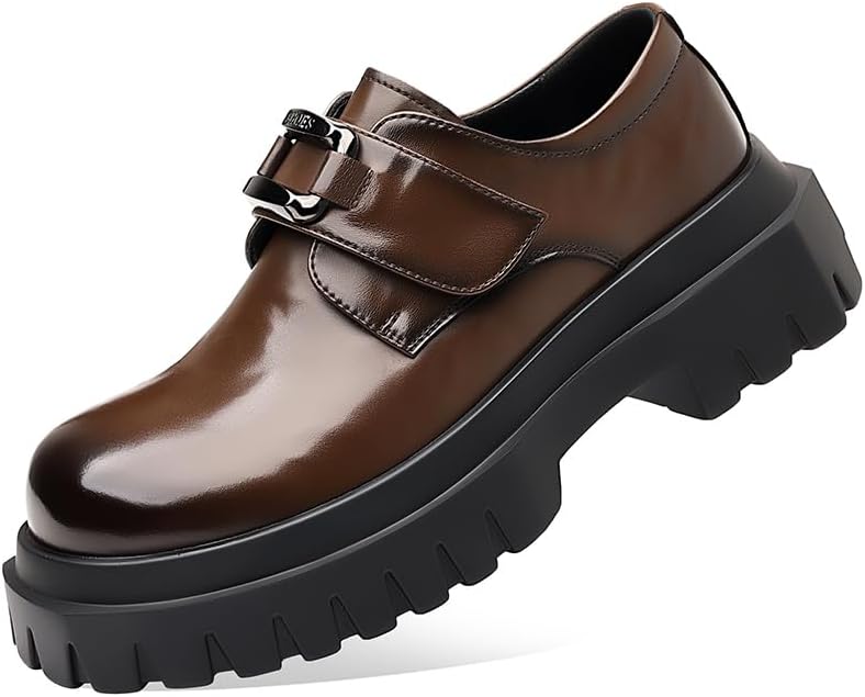 

Мужские туфли дерби из натуральной кожи с толстой подошвой, большим носком, шнурками ольксфорд с регулируемым крючком и липучкой Lhyxu, коричневый