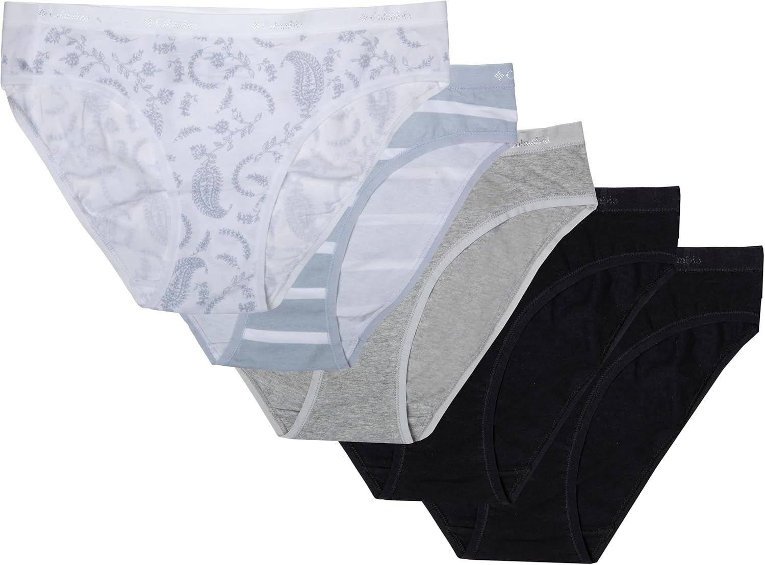 

Columbia женские бикини из 4-сторонней растягивающейся хлопковой ткани, 5 штук в наборе, Black/Heather Grey/Striped/Paisley