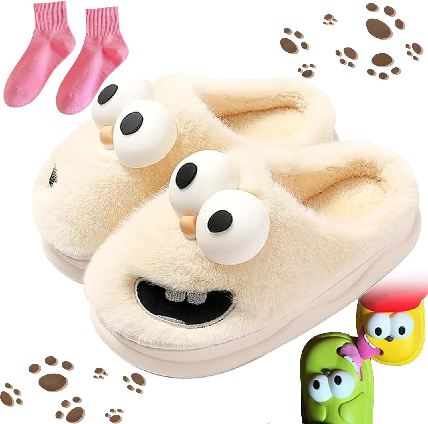 

Тапочки для поцелуев для пар - забавные 3D-тапочки с большими глазами и языком собаки, милые мультяшные домашние тапочки, нескользящие домашние тапочки для женщин и мужчин Kzaer, бежевый