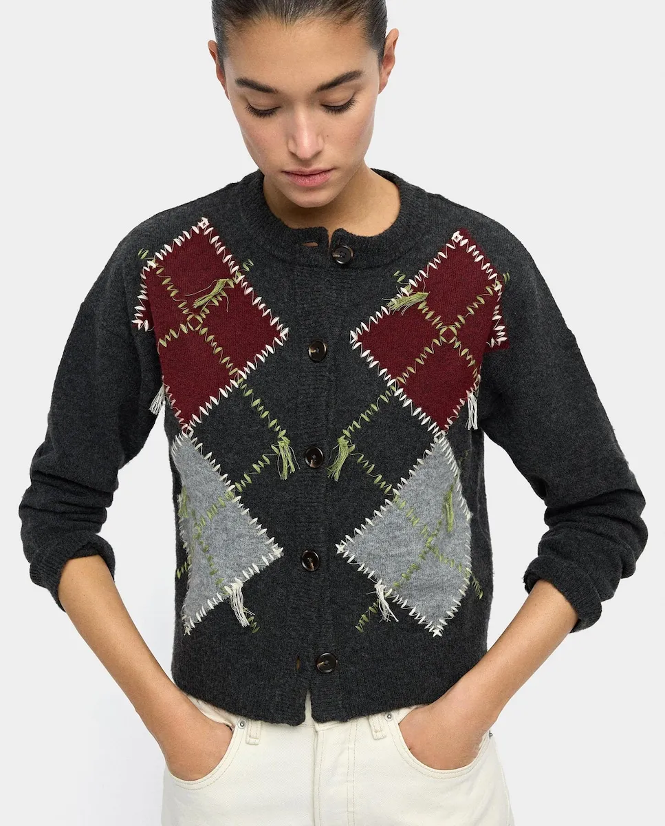 

Женский вязаный кардиган с длинными рукавами, пуговицами и ромбами Parfois, темно-серый