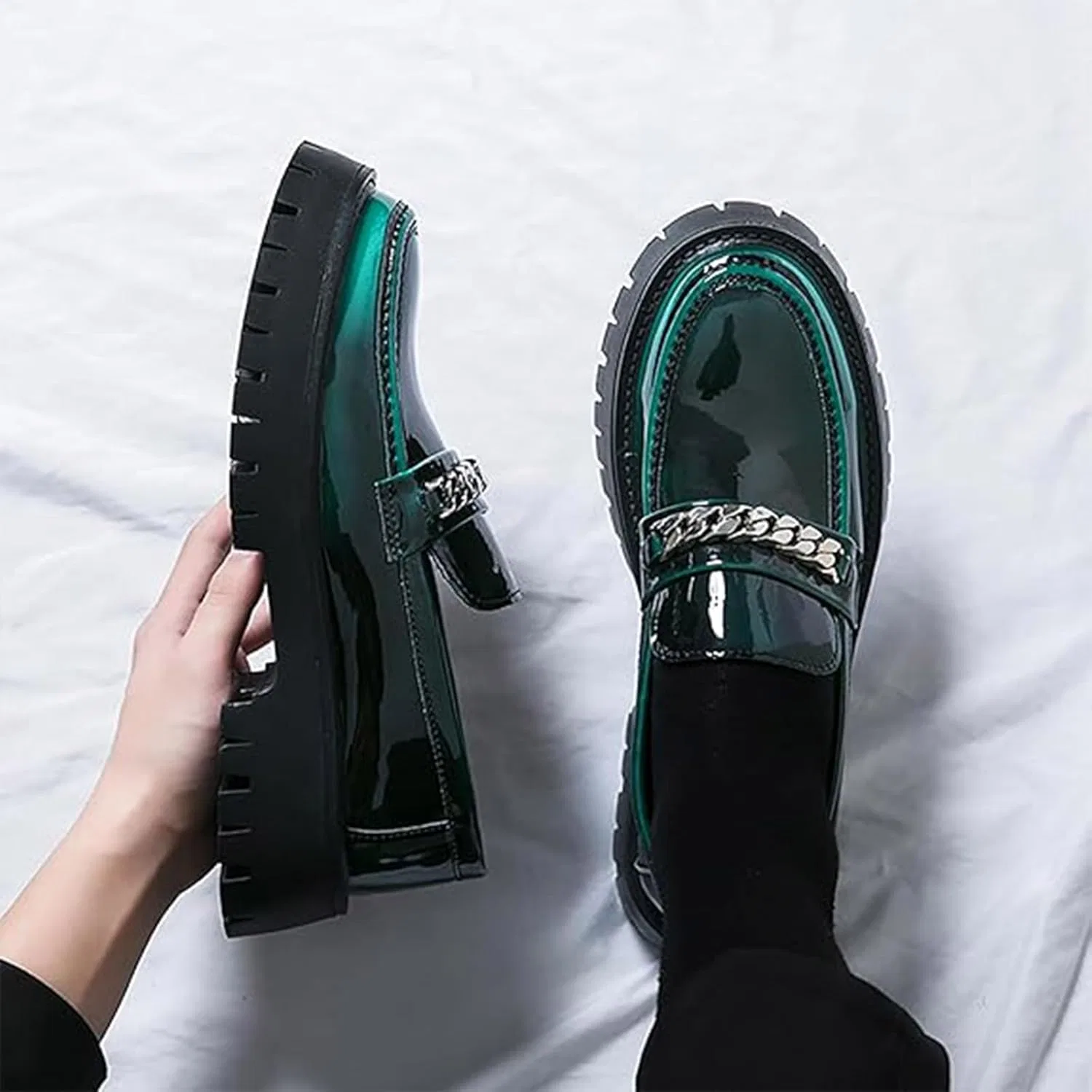 Лоферы мужские Patent Leather Platform, Green B Xinduoyu — фото 3