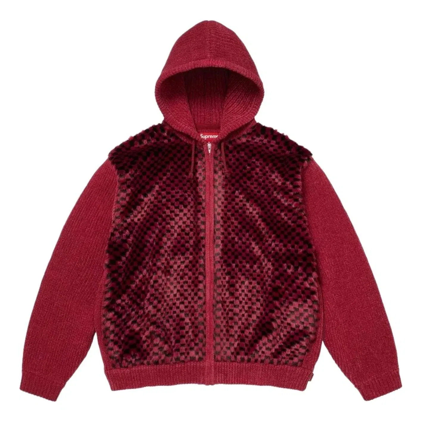 Свитер Supreme SS26 с капюшоном на молнии и клетчатым рисунком из искусственного меха, красный, SUP-SS26-127-RED