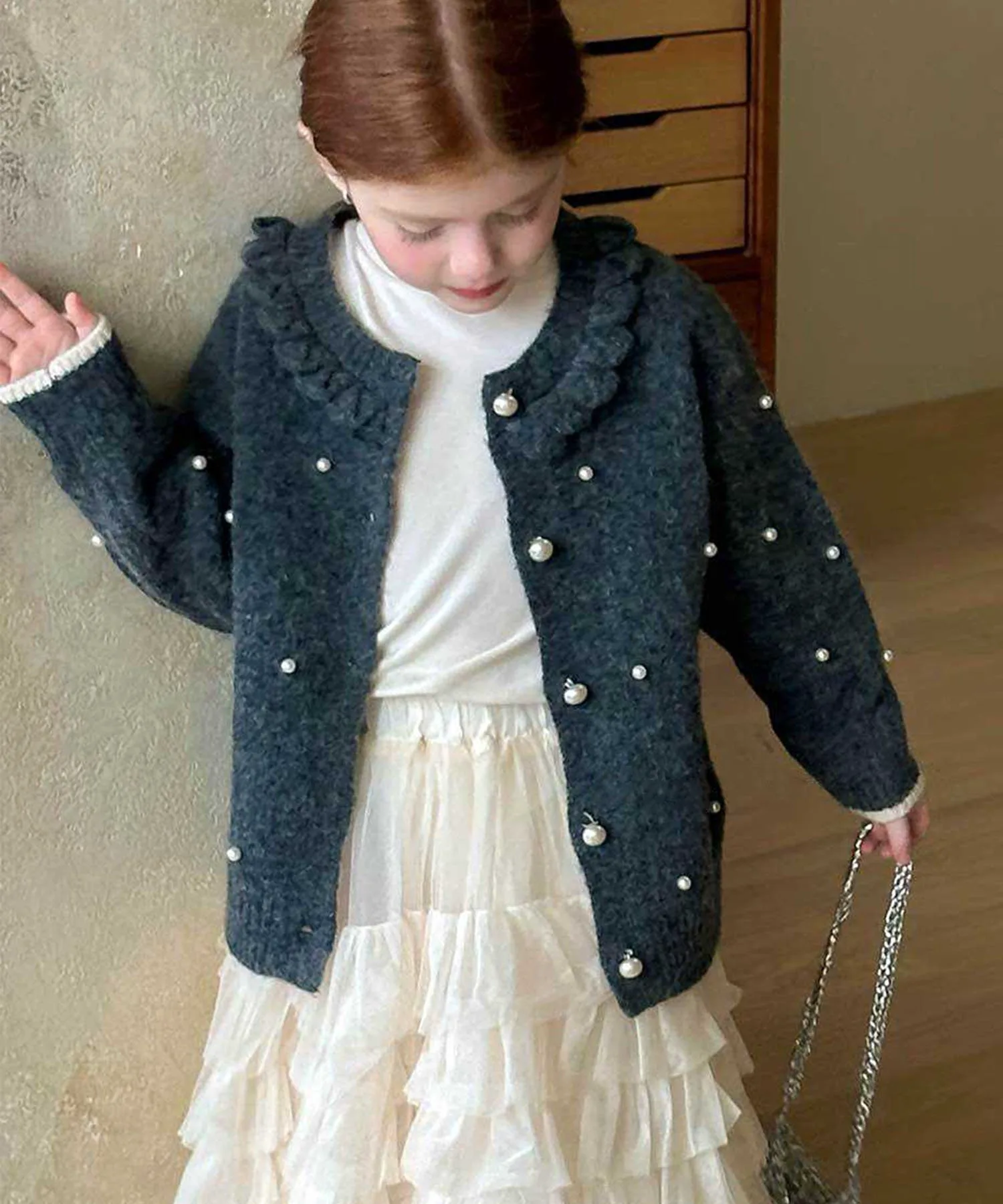 Вязаный кардиган с жемчужной отделкой Aimoha Kids, Dark Gray — фото 2